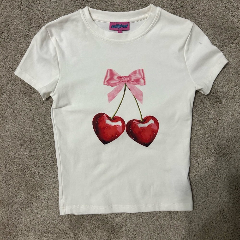 Edikted White Tee with Red Heart and Pink Bow Design